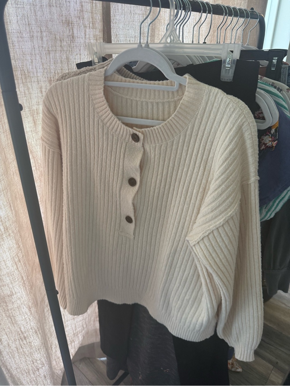 Neutral Cream Ribbed Button-Neck Women's Sweater